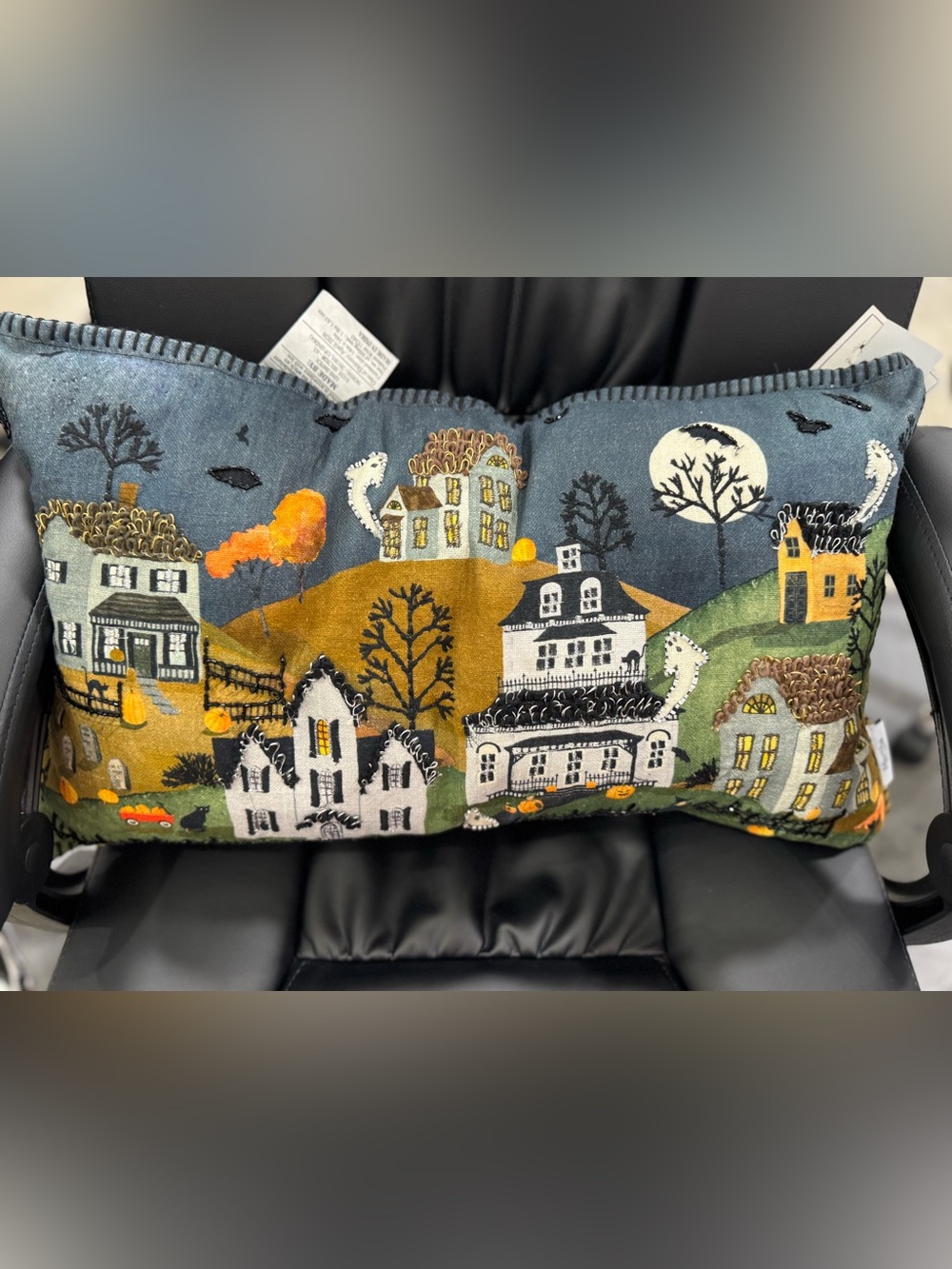 Martha Stewart Multicolor Embroidered Halloween Village Pilliow